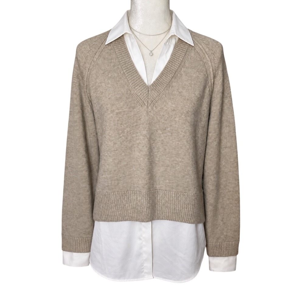 Elan 2-in-1 Layered Sweater Shirt V-Neck Satin Shirt Size M Preppy Quiet Luxury